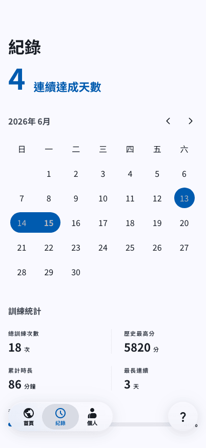 手機版紀錄畫面，包含連續達成天數、月曆與訓練統計。