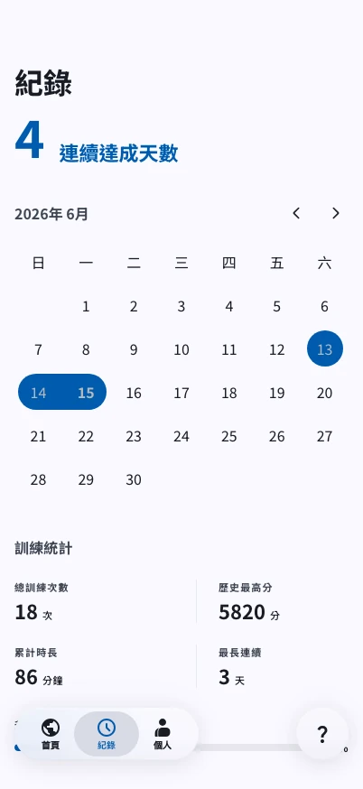 手機版紀錄畫面,包含連續達成天數、月曆與訓練統計。